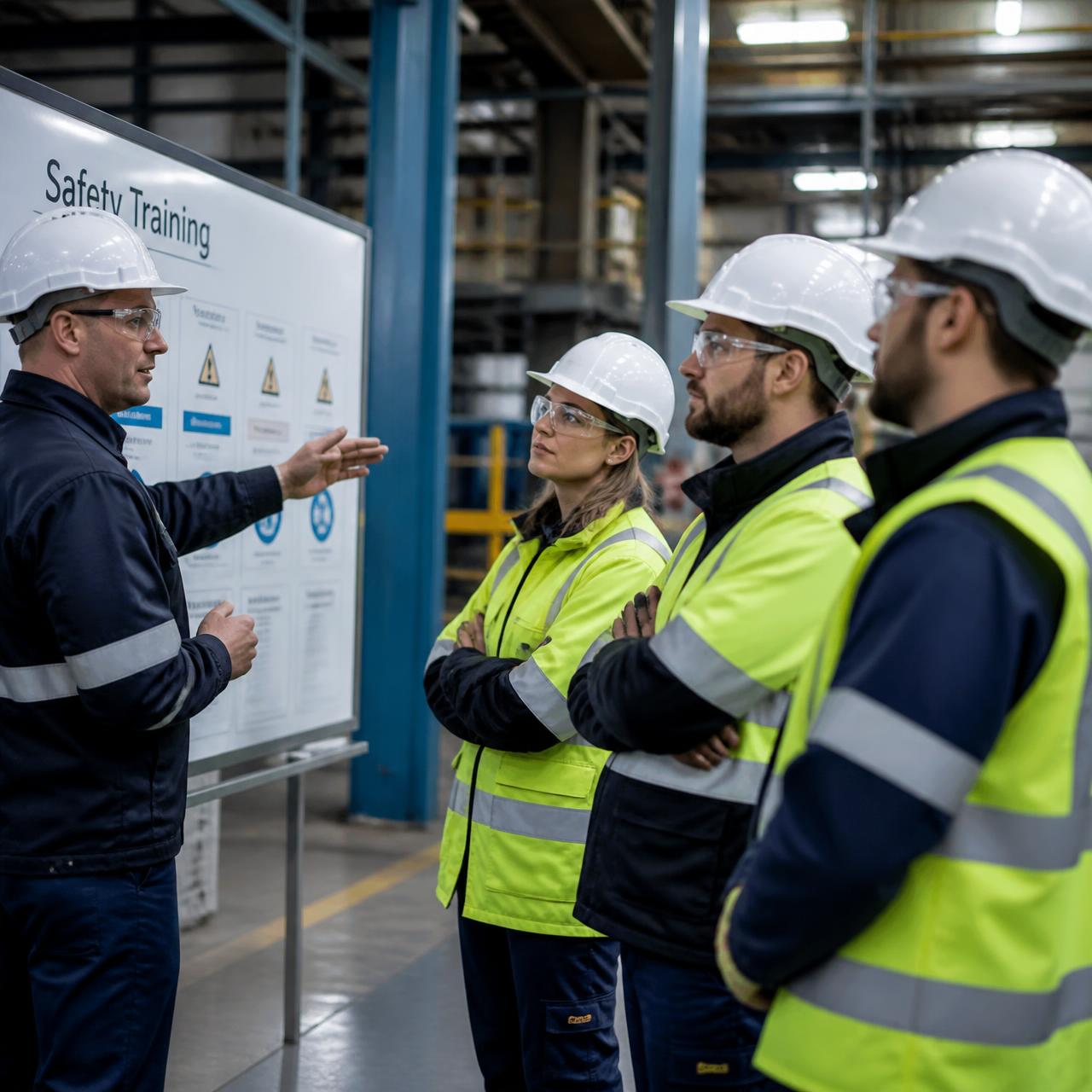 Profissionais em treinamento de segurança do trabalho em ambiente industrial